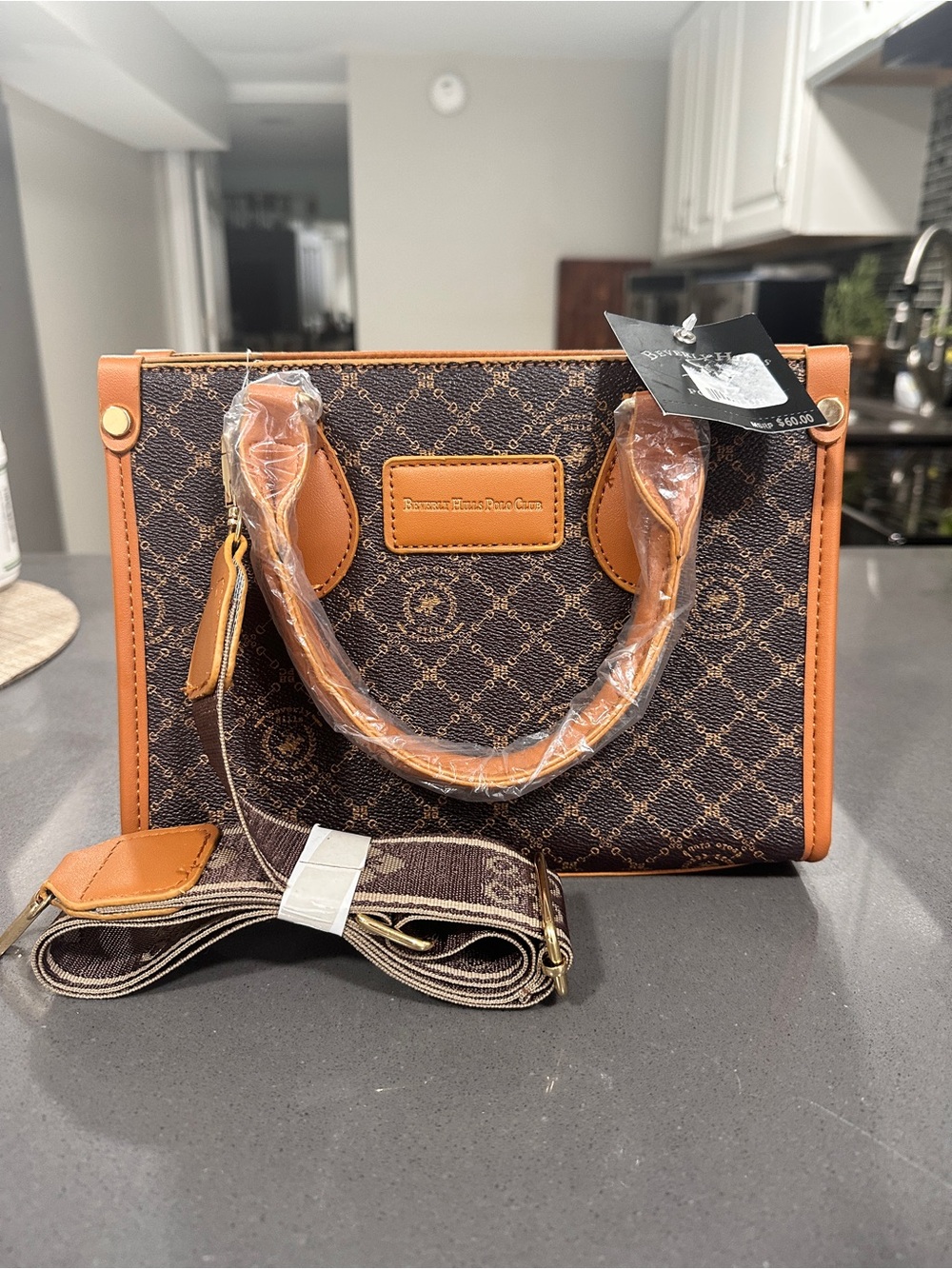 Brown Patterned Crossbody Bag with Tan Trim - Picture 5 of 7